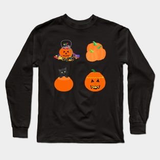 Halloween Pumpkins, Candy and Black Cat (Black Background) Long Sleeve T-Shirt